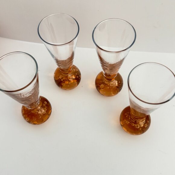 Vintage Set of 4 Hand Blown Cordial Glasses Bubbles Ball Bottom Amber Colour - Picture 5 of 5